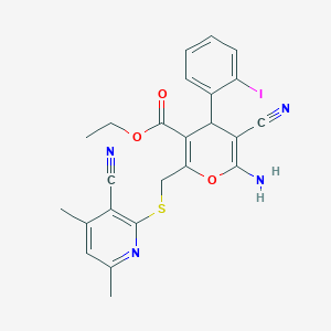 molecular formula C24H21IN4O3S B11554703 ethyl 6-amino-5-cyano-2-{[(3-cyano-4,6-dimethylpyridin-2-yl)sulfanyl]methyl}-4-(2-iodophenyl)-4H-pyran-3-carboxylate 