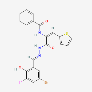 molecular formula C21H15BrIN3O3S B11554706 N-[(1E)-3-[(2E)-2-(5-bromo-2-hydroxy-3-iodobenzylidene)hydrazinyl]-3-oxo-1-(thiophen-2-yl)prop-1-en-2-yl]benzamide 