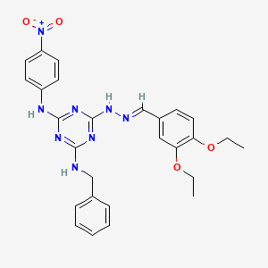 molecular formula C27H28N8O4 B11554738 N-benzyl-6-[(2E)-2-(3,4-diethoxybenzylidene)hydrazinyl]-N'-(4-nitrophenyl)-1,3,5-triazine-2,4-diamine 