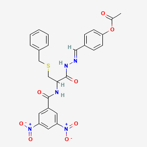 molecular formula C26H23N5O8S B11554837 4-[(E)-{[3-(Benzylsulfanyl)-2-[(3,5-dinitrophenyl)formamido]propanamido]imino}methyl]phenyl acetate 