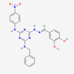 molecular formula C24H22N8O4 B11555007 4-[(E)-(2-{4-(benzylamino)-6-[(4-nitrophenyl)amino]-1,3,5-triazin-2-yl}hydrazinylidene)methyl]-2-methoxyphenol 