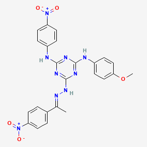 molecular formula C24H21N9O5 B11555030 N-(4-methoxyphenyl)-N'-(4-nitrophenyl)-6-{(2E)-2-[1-(4-nitrophenyl)ethylidene]hydrazinyl}-1,3,5-triazine-2,4-diamine 