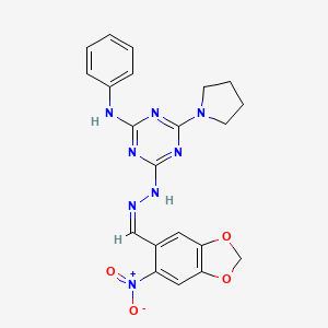 molecular formula C21H20N8O4 B11555150 4-{(2Z)-2-[(6-nitro-1,3-benzodioxol-5-yl)methylidene]hydrazinyl}-N-phenyl-6-(pyrrolidin-1-yl)-1,3,5-triazin-2-amine 