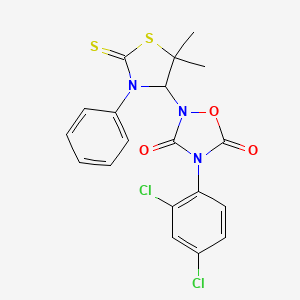 molecular formula C19H15Cl2N3O3S2 B11555287 4-(2,4-Dichlorophenyl)-2-(5,5-dimethyl-3-phenyl-2-sulfanylidene-1,3-thiazolidin-4-yl)-1,2,4-oxadiazolidine-3,5-dione 