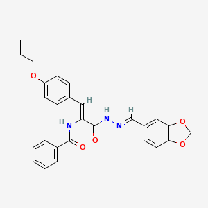 N-[(1Z)-3-[(2E)-2-(1,3-benzodioxol-5-ylmethylidene)hydrazinyl]-3-oxo-1-(4-propoxyphenyl)prop-1-en-2-yl]benzamide