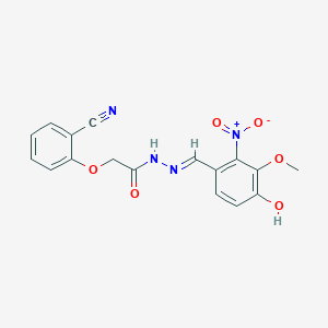 molecular formula C17H14N4O6 B11555374 2-(2-cyanophenoxy)-N'-[(E)-(4-hydroxy-3-methoxy-2-nitrophenyl)methylidene]acetohydrazide 