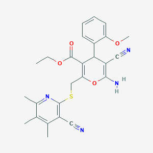 molecular formula C26H26N4O4S B11555689 ethyl 6-amino-5-cyano-2-{[(3-cyano-4,5,6-trimethylpyridin-2-yl)sulfanyl]methyl}-4-(2-methoxyphenyl)-4H-pyran-3-carboxylate 