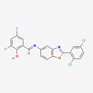 molecular formula C20H10Cl2I2N2O2 B11555722 2-[(E)-{[2-(2,5-dichlorophenyl)-1,3-benzoxazol-5-yl]imino}methyl]-4,6-diiodophenol 