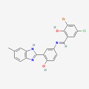 molecular formula C21H15BrClN3O2 B11555990 2-bromo-4-chloro-6-[(E)-{[4-hydroxy-3-(5-methyl-1H-benzimidazol-2-yl)phenyl]imino}methyl]phenol 