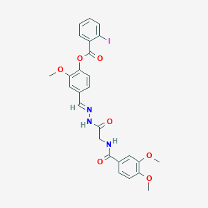 molecular formula C26H24IN3O7 B11556020 4-[(E)-({2-[(3,4-Dimethoxyphenyl)formamido]acetamido}imino)methyl]-2-methoxyphenyl 2-iodobenzoate 