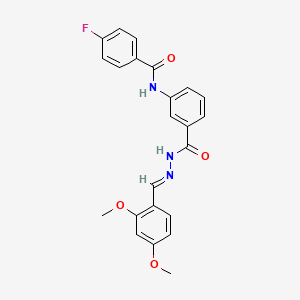 molecular formula C23H20FN3O4 B11556045 N-(3-{[(2E)-2-(2,4-dimethoxybenzylidene)hydrazinyl]carbonyl}phenyl)-4-fluorobenzamide 