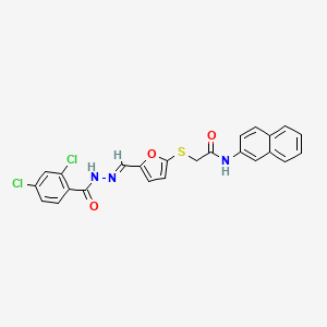 molecular formula C24H17Cl2N3O3S B11556227 2-({5-[(E)-{2-[(2,4-dichlorophenyl)carbonyl]hydrazinylidene}methyl]furan-2-yl}sulfanyl)-N-(naphthalen-2-yl)acetamide 