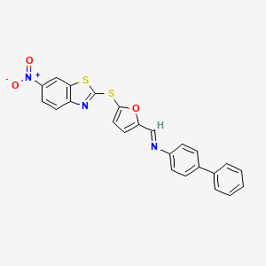 molecular formula C24H15N3O3S2 B11556294 N-[(E)-{5-[(6-nitro-1,3-benzothiazol-2-yl)sulfanyl]furan-2-yl}methylidene]biphenyl-4-amine 