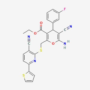 ethyl 6-amino-5-cyano-2-({[3-cyano-6-(thiophen-2-yl)pyridin-2-yl]sulfanyl}methyl)-4-(3-fluorophenyl)-4H-pyran-3-carboxylate