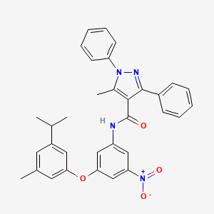 molecular formula C33H30N4O4 B11556325 5-methyl-N-{3-[3-methyl-5-(propan-2-yl)phenoxy]-5-nitrophenyl}-1,3-diphenyl-1H-pyrazole-4-carboxamide 