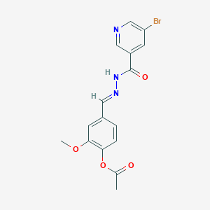 molecular formula C16H14BrN3O4 B11556332 4-[(E)-{2-[(5-bromopyridin-3-yl)carbonyl]hydrazinylidene}methyl]-2-methoxyphenyl acetate 