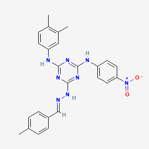 molecular formula C25H24N8O2 B11556663 N-(3,4-dimethylphenyl)-6-[(2E)-2-(4-methylbenzylidene)hydrazinyl]-N'-(4-nitrophenyl)-1,3,5-triazine-2,4-diamine 