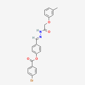 molecular formula C23H19BrN2O4 B11556701 4-[(E)-{2-[(3-methylphenoxy)acetyl]hydrazinylidene}methyl]phenyl 4-bromobenzoate 