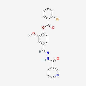 molecular formula C21H16BrN3O4 B11556839 2-methoxy-4-{(E)-[2-(pyridin-3-ylcarbonyl)hydrazinylidene]methyl}phenyl 2-bromobenzoate 