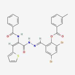 molecular formula C29H21Br2N3O4S B11556929 2,4-dibromo-6-[(E)-{2-[(2E)-2-[(phenylcarbonyl)amino]-3-(thiophen-2-yl)prop-2-enoyl]hydrazinylidene}methyl]phenyl 3-methylbenzoate 