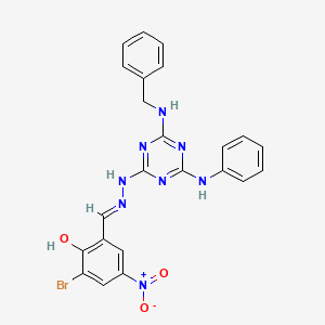 molecular formula C23H19BrN8O3 B11557446 2-[(E)-{2-[4-(benzylamino)-6-(phenylamino)-1,3,5-triazin-2-yl]hydrazinylidene}methyl]-6-bromo-4-nitrophenol 