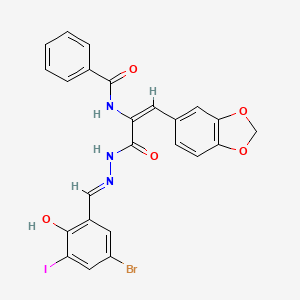 molecular formula C24H17BrIN3O5 B11557471 N-{(1E)-1-(1,3-benzodioxol-5-yl)-3-[(2E)-2-(5-bromo-2-hydroxy-3-iodobenzylidene)hydrazinyl]-3-oxoprop-1-en-2-yl}benzamide 