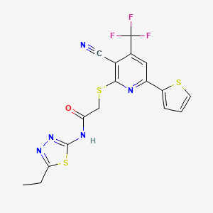 molecular formula C17H12F3N5OS3 B11557567 2-{[3-cyano-6-(thiophen-2-yl)-4-(trifluoromethyl)pyridin-2-yl]sulfanyl}-N-(5-ethyl-1,3,4-thiadiazol-2-yl)acetamide 