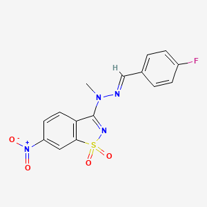 molecular formula C15H11FN4O4S B11557569 3-[(2E)-2-(4-fluorobenzylidene)-1-methylhydrazinyl]-6-nitro-1,2-benzothiazole 1,1-dioxide 