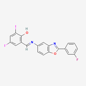 molecular formula C20H11FI2N2O2 B11557572 2-[(E)-{[2-(3-fluorophenyl)-1,3-benzoxazol-5-yl]imino}methyl]-4,6-diiodophenol 