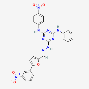 molecular formula C26H19N9O5 B11557662 N-(4-nitrophenyl)-6-[(2E)-2-{[5-(3-nitrophenyl)furan-2-yl]methylidene}hydrazinyl]-N'-phenyl-1,3,5-triazine-2,4-diamine 