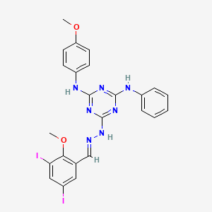 molecular formula C24H21I2N7O2 B11557684 6-[(2E)-2-(3,5-diiodo-2-methoxybenzylidene)hydrazinyl]-N-(4-methoxyphenyl)-N'-phenyl-1,3,5-triazine-2,4-diamine 