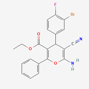 molecular formula C21H16BrFN2O3 B11557723 ethyl 6-amino-4-(3-bromo-4-fluorophenyl)-5-cyano-2-phenyl-4H-pyran-3-carboxylate 