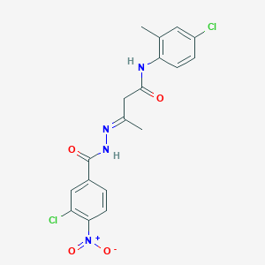 molecular formula C18H16Cl2N4O4 B11557778 (3E)-N-(4-chloro-2-methylphenyl)-3-{2-[(3-chloro-4-nitrophenyl)carbonyl]hydrazinylidene}butanamide 