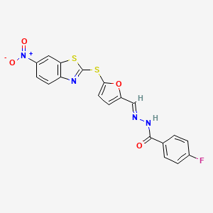 molecular formula C19H11FN4O4S2 B11557966 4-fluoro-N'-[(E)-{5-[(6-nitro-1,3-benzothiazol-2-yl)sulfanyl]furan-2-yl}methylidene]benzohydrazide 