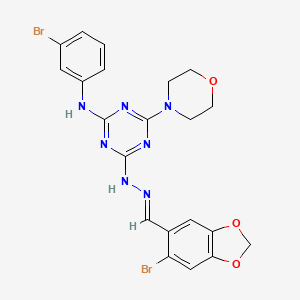 molecular formula C21H19Br2N7O3 B11557978 4-{(2E)-2-[(6-bromo-1,3-benzodioxol-5-yl)methylidene]hydrazinyl}-N-(3-bromophenyl)-6-(morpholin-4-yl)-1,3,5-triazin-2-amine 