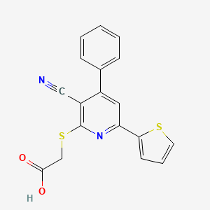 molecular formula C18H12N2O2S2 B11557992 [(3-Cyano-4-phenyl-6-thien-2-ylpyridin-2-yl)thio]acetic acid 