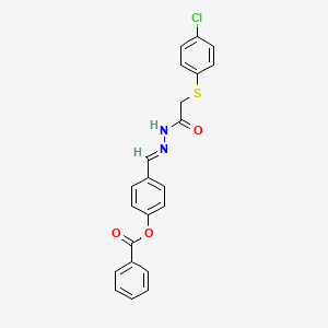 molecular formula C22H17ClN2O3S B11558102 4-[(E)-({2-[(4-Chlorophenyl)sulfanyl]acetamido}imino)methyl]phenyl benzoate 