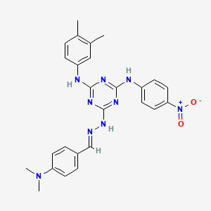 molecular formula C26H27N9O2 B11558629 6-{(2E)-2-[4-(dimethylamino)benzylidene]hydrazinyl}-N-(3,4-dimethylphenyl)-N'-(4-nitrophenyl)-1,3,5-triazine-2,4-diamine 