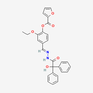 molecular formula C28H24N2O6 B11558693 2-ethoxy-4-((E)-{[hydroxy(diphenyl)acetyl]hydrazono}methyl)phenyl 2-furoate 