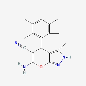 molecular formula C18H20N4O B11558748 6-Amino-3-methyl-4-(2,3,5,6-tetramethylphenyl)-2,4-dihydropyrano[2,3-c]pyrazole-5-carbonitrile 