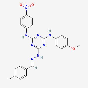 molecular formula C24H22N8O3 B11558788 N-(4-methoxyphenyl)-6-[(2E)-2-(4-methylbenzylidene)hydrazinyl]-N'-(4-nitrophenyl)-1,3,5-triazine-2,4-diamine 