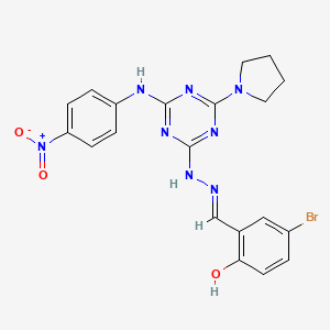 molecular formula C20H19BrN8O3 B11559067 4-bromo-2-[(E)-(2-{4-[(4-nitrophenyl)amino]-6-(pyrrolidin-1-yl)-1,3,5-triazin-2-yl}hydrazinylidene)methyl]phenol 