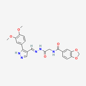 molecular formula C22H21N5O6 B11559159 N-[2-(2-{(E)-1-[3-(3,4-Dimethoxyphenyl)-1H-pyrazol-4-YL]methylidene}hydrazino)-2-oxoethyl]-1,3-benzodioxole-5-carboxamide 