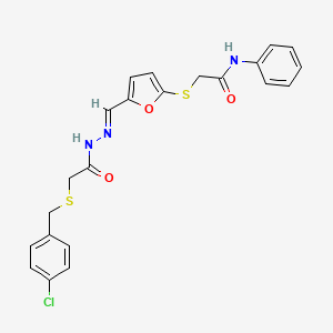 molecular formula C22H20ClN3O3S2 B11559224 2-({5-[(E)-(2-{[(4-chlorobenzyl)sulfanyl]acetyl}hydrazinylidene)methyl]furan-2-yl}sulfanyl)-N-phenylacetamide 