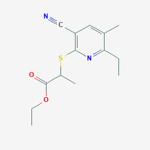 molecular formula C14H18N2O2S B11559232 Ethyl 2-[(3-cyano-6-ethyl-5-methylpyridin-2-yl)sulfanyl]propanoate 