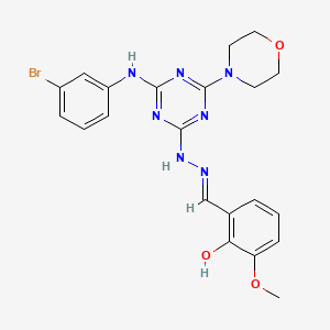 molecular formula C21H22BrN7O3 B11559399 2-[(E)-(2-{4-[(3-bromophenyl)amino]-6-(morpholin-4-yl)-1,3,5-triazin-2-yl}hydrazinylidene)methyl]-6-methoxyphenol 