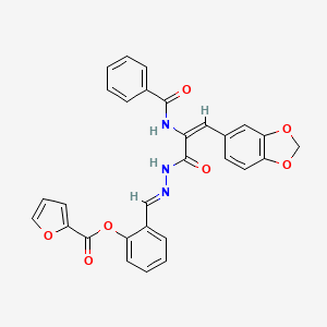 molecular formula C29H21N3O7 B11559428 2-[(E)-(2-{(2E)-3-(1,3-benzodioxol-5-yl)-2-[(phenylcarbonyl)amino]prop-2-enoyl}hydrazinylidene)methyl]phenyl furan-2-carboxylate 