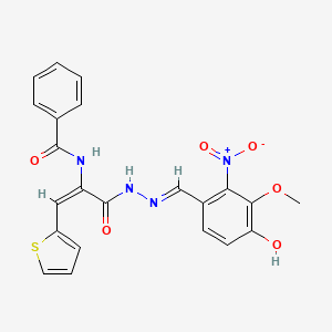 N-[(1E)-3-[(2E)-2-(4-hydroxy-3-methoxy-2-nitrobenzylidene)hydrazinyl]-3-oxo-1-(thiophen-2-yl)prop-1-en-2-yl]benzamide