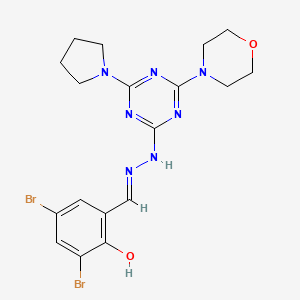 molecular formula C18H21Br2N7O2 B11559589 2,4-dibromo-6-[(E)-{2-[4-(morpholin-4-yl)-6-(pyrrolidin-1-yl)-1,3,5-triazin-2-yl]hydrazinylidene}methyl]phenol 