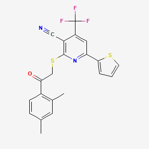 molecular formula C21H15F3N2OS2 B11559704 2-{[2-(2,4-Dimethylphenyl)-2-oxoethyl]sulfanyl}-6-(thiophen-2-yl)-4-(trifluoromethyl)pyridine-3-carbonitrile 